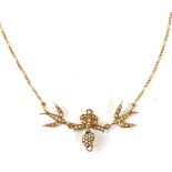 An Early 20th Century Seed Pearl Necklace, a ribbon tied heart pendant spaced by two swallows, set