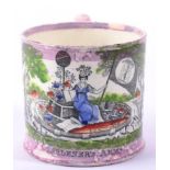 A Sunderland Pink Lustre Mug, early 19th century, printed and overpainted with GARDENERS ARMS,