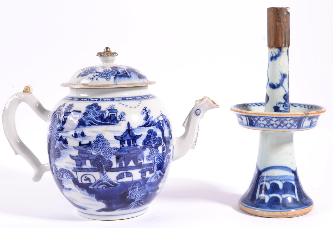 A Chinese Porcelain Pricket Candlestick, 18th century, with circular drip pan, on flared foot,