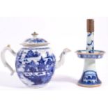 A Chinese Porcelain Pricket Candlestick, 18th century, with circular drip pan, on flared foot,