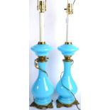 A Pair of French Gilt Metal Mounted Blue Glass Lamp Bases, late 19th century, of baluster form on