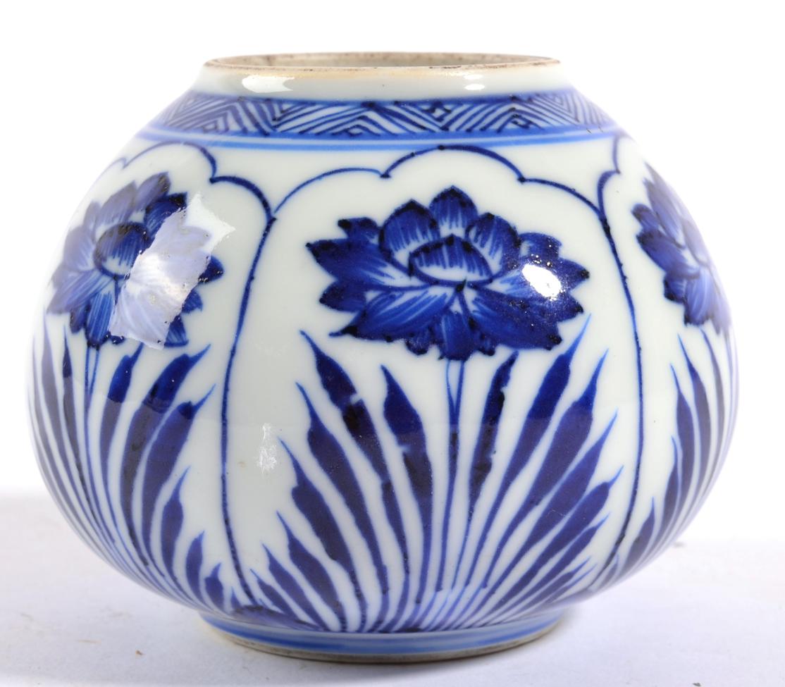 A Chinese Porcelain Water Pot, in Kangxi style, of ovoid form, painted in underglaze blue with