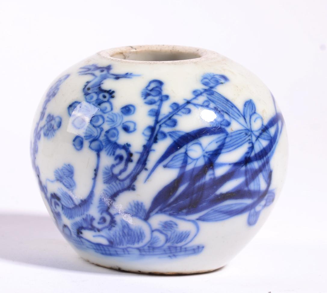 A Chinese Porcelain Water Pot, 18th century, of ovoid form, painted in underglaze blue with