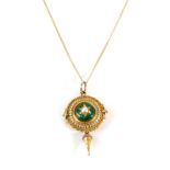 A Victorian Split Pearl and Enamel Pendant, on Chain, a star set split pearl within a green and