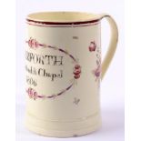 A Leeds Creamware Cylindrical Mug, dated 1806, inscribed GARFORTH Methodist Chapel 1806 with a