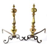 A Pair of Brass and Wrought Iron Andirons, in 17th century style, with panelled knopped baluster