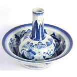 A Chinese Porcelain Guglet and Basin, circa 1800, painted in underglaze blue with river landscapes