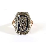 A Georgian Marcasite and Blue Enamel Ring, an oblong plaque with applied marcasite floral scroll, to