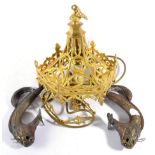 A Gilt Metal Light Fitting, in Gothic style, with leaf shaped scroll chains and cast and pierced