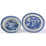 A Chinese Porcelain Oval Basket and Stand, Qianlong/Jiaqing, painted in underglaze blue with pagodas
