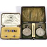 A Pair of Diamond and Blue Enamels Dress Studs, stamped 18ct and A Matching Cufflink, in a gilt