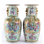 A Pair of Cantonese Porcelain Baluster Vases, 19th century, with frilled rim, the necks applied with