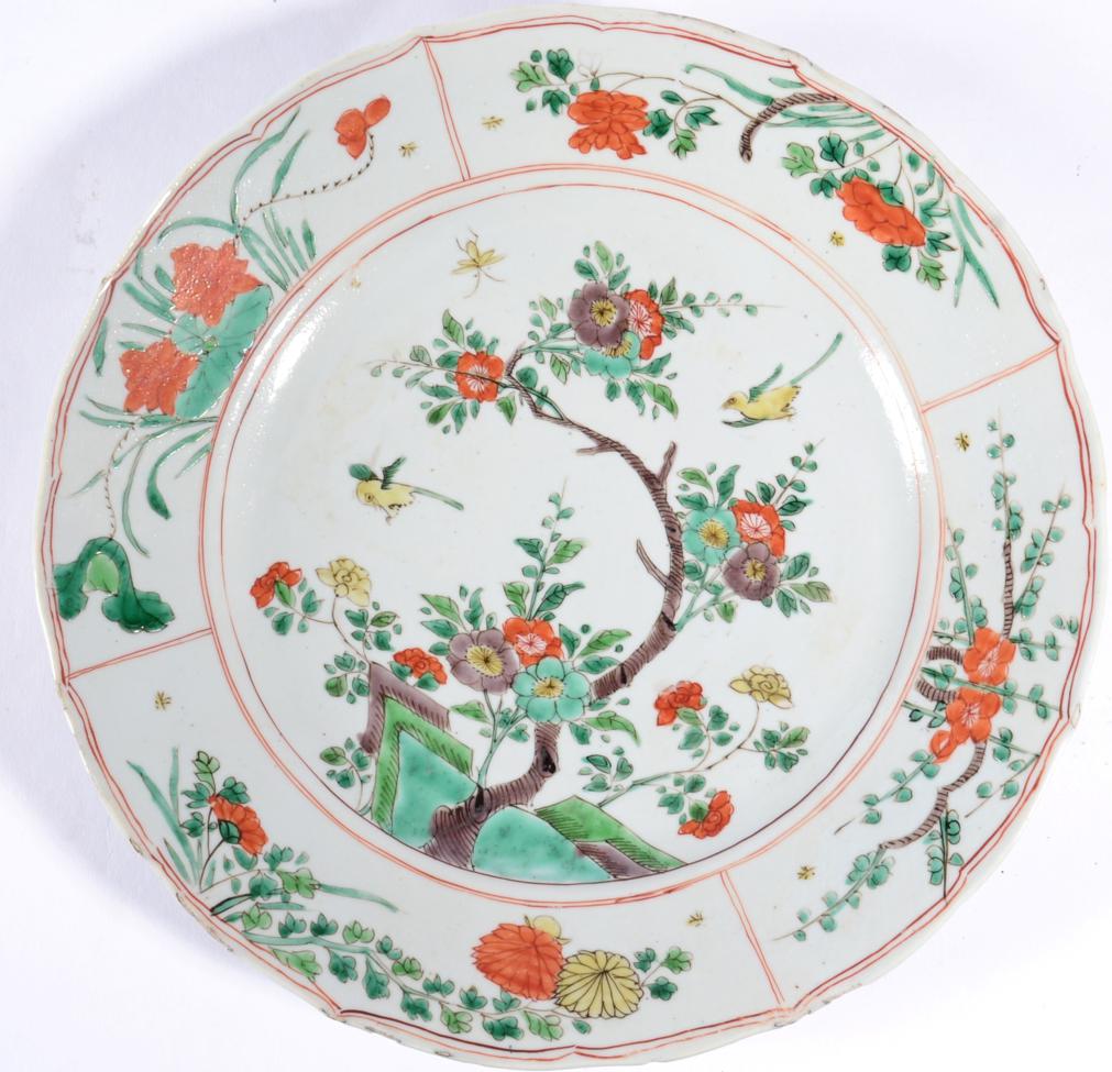 A Chinese Porcelain Circular Dish, Kangxi, painted with famille verte enamels with birds amongst