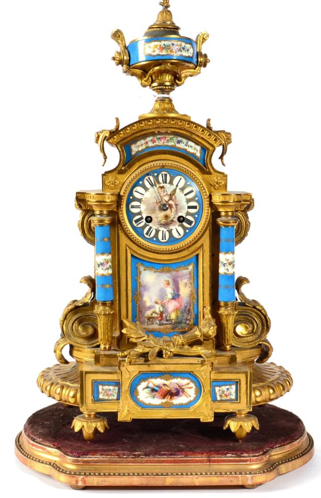 A Gilt Metal and Porcelain Mounted Striking Mantel Clock, retailed by Lister & Sons, Newcastle On