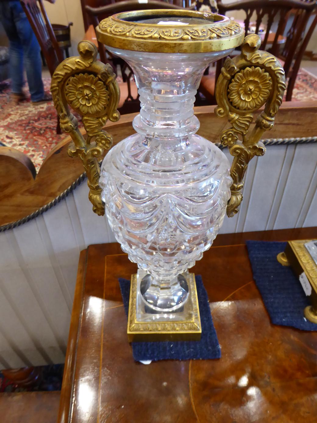 An Ormolu and Cut Glass Mantel Timepiece with Garniture, 19th century and later, urn shaped cut - Image 6 of 12