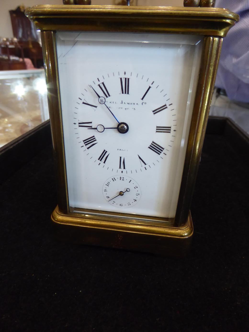 A Brass Striking and Repeating Alarm Carriage Clock, stamped for A Margaine, retailed by Howell - Image 2 of 8