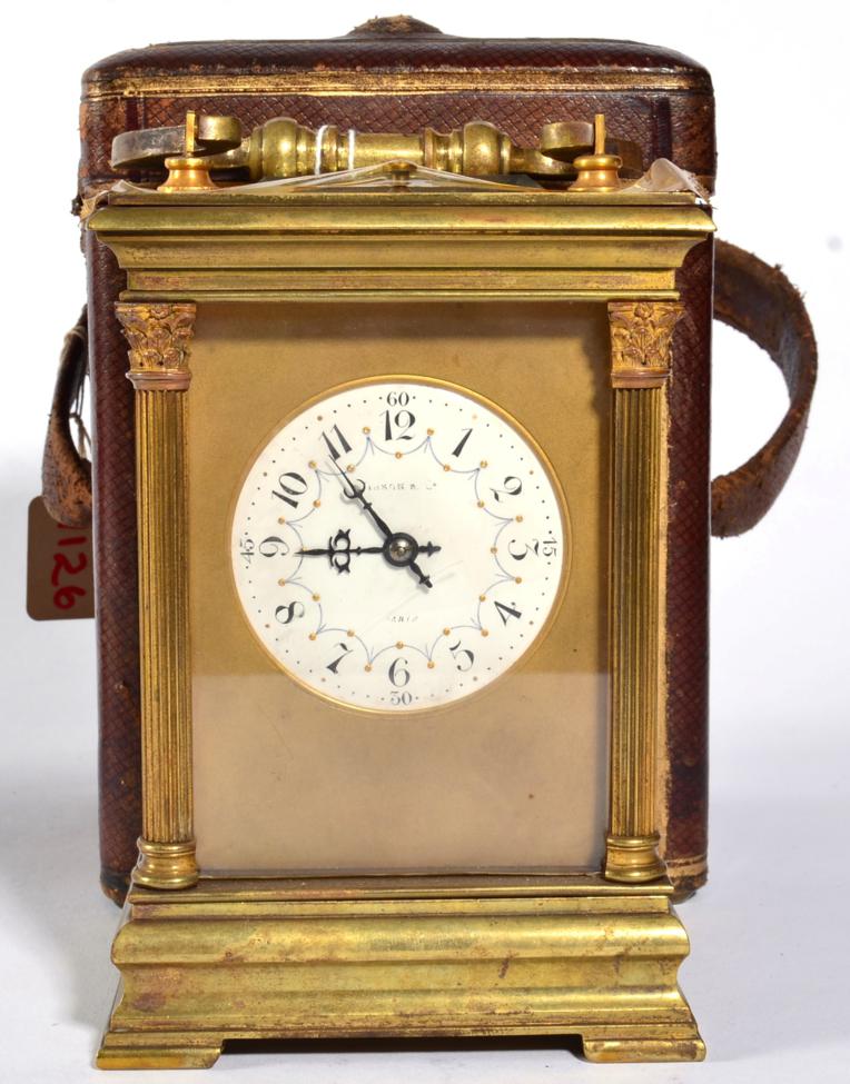 A Brass Striking and Repeating Carriage Clock, retailed by Gibson & Co, Paris, circa 1900,