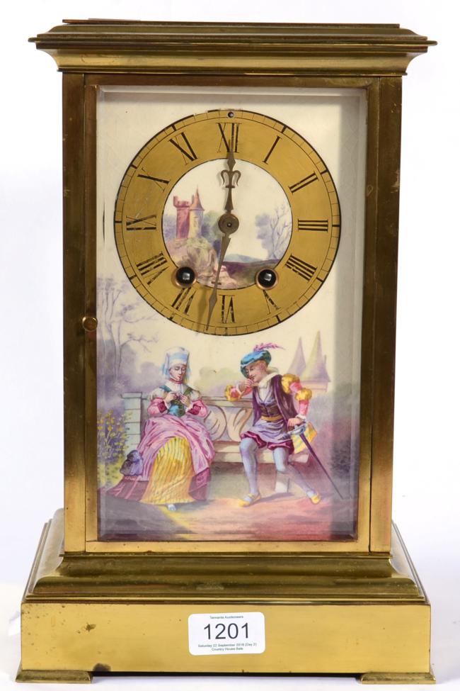 A Brass and Porcelain Mounted Striking Mantel Clock, circa 1900, side porcelain panels depicting