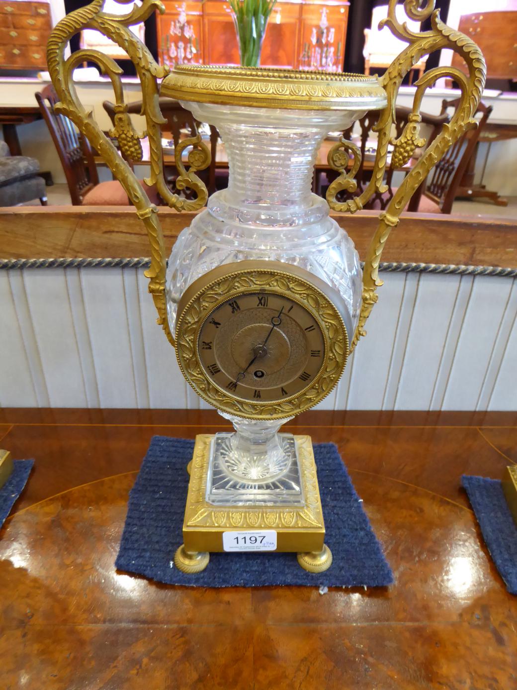 An Ormolu and Cut Glass Mantel Timepiece with Garniture, 19th century and later, urn shaped cut - Image 2 of 12