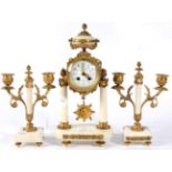 A Gilt Metal and White Marble Portico Striking Mantel Clock with Garniture, retailed by S.
