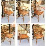 A Set of Six 20th Century Oak Yorkshire Style Windsor Armchairs, with double spindle back supports