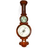 A Mahogany Wheel Barometer with a Combined Clock and Thermometer, circa 1850, thermometer box, 5-1/