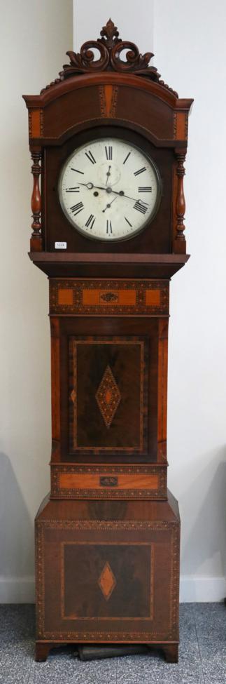 An Unusual Tunbridge Ware Style Inlaid Eight Day Longcase Clock, carved pediment, 13-inch painted