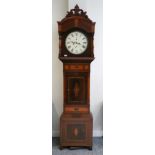 An Unusual Tunbridge Ware Style Inlaid Eight Day Longcase Clock, carved pediment, 13-inch painted