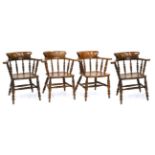 A Set of Four 19th Century Ash Smoker's Bow Armchairs, with spindle turned supports and outswept