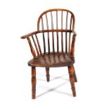 A Mid 19th Century Yewwood and Elm Seated Child's Windsor Armchair, with double spindle back and