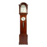 A Mahogany Longcase Clock with combined Wheel Barometer and Thermometer, arched pediment, brass
