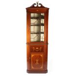 An Edwardian Mahogany and Marquetry Decorated Sheraton Revival Free-Standing Corner Cupboard,