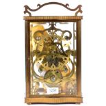 A Brass Cased Skeleton Mantel Timepiece, 20th century, five glass brass case with top carrying