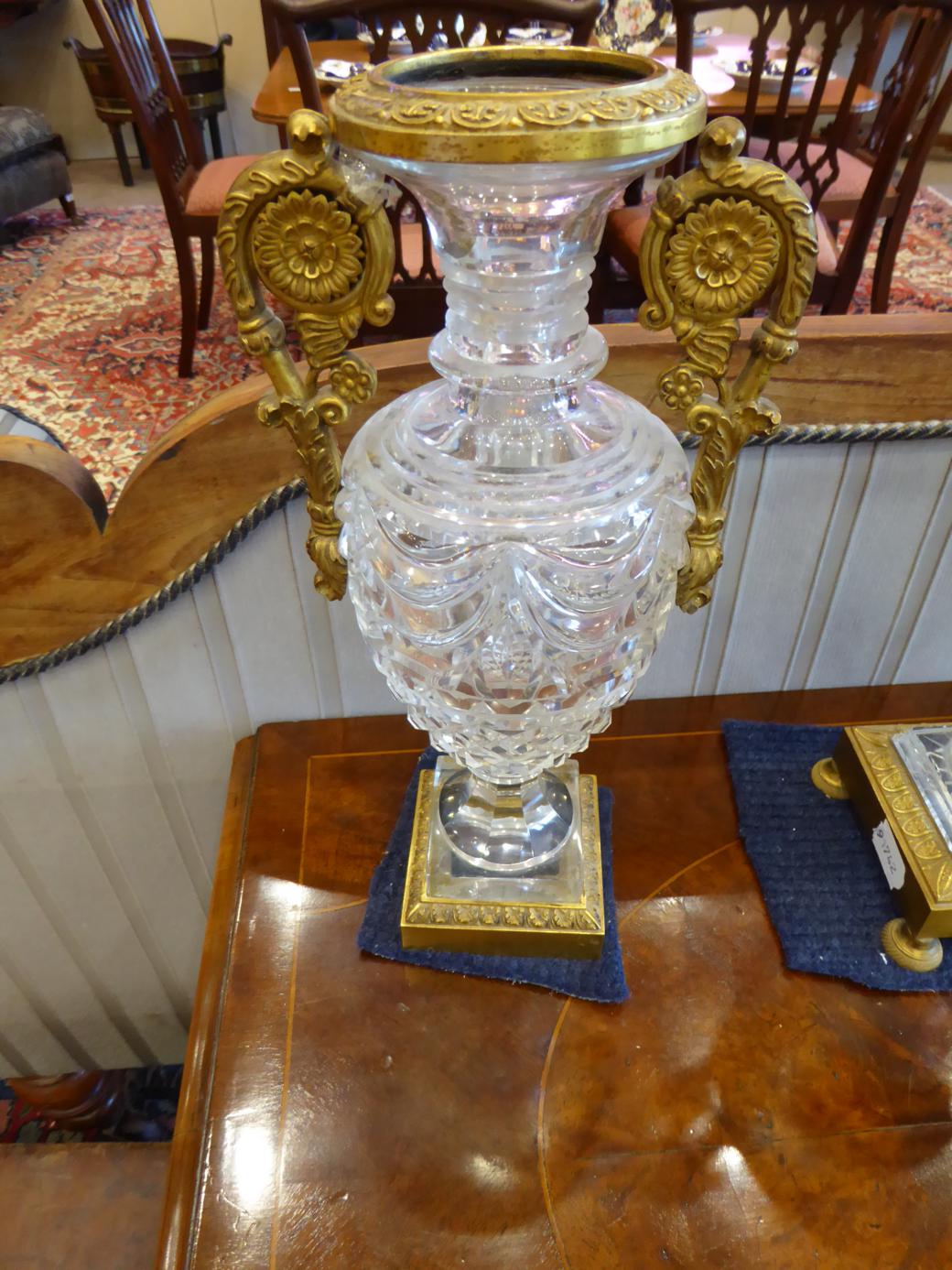 An Ormolu and Cut Glass Mantel Timepiece with Garniture, 19th century and later, urn shaped cut - Image 7 of 12