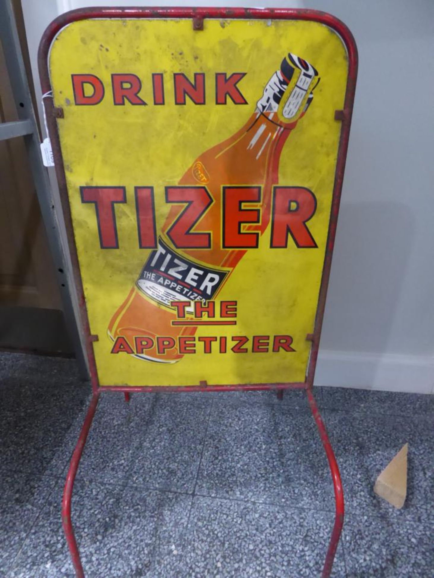 A Double Sided Free-Standing Metal Advertising Sign, Drink Tizer The Apertizer, with red painted - Bild 3 aus 3