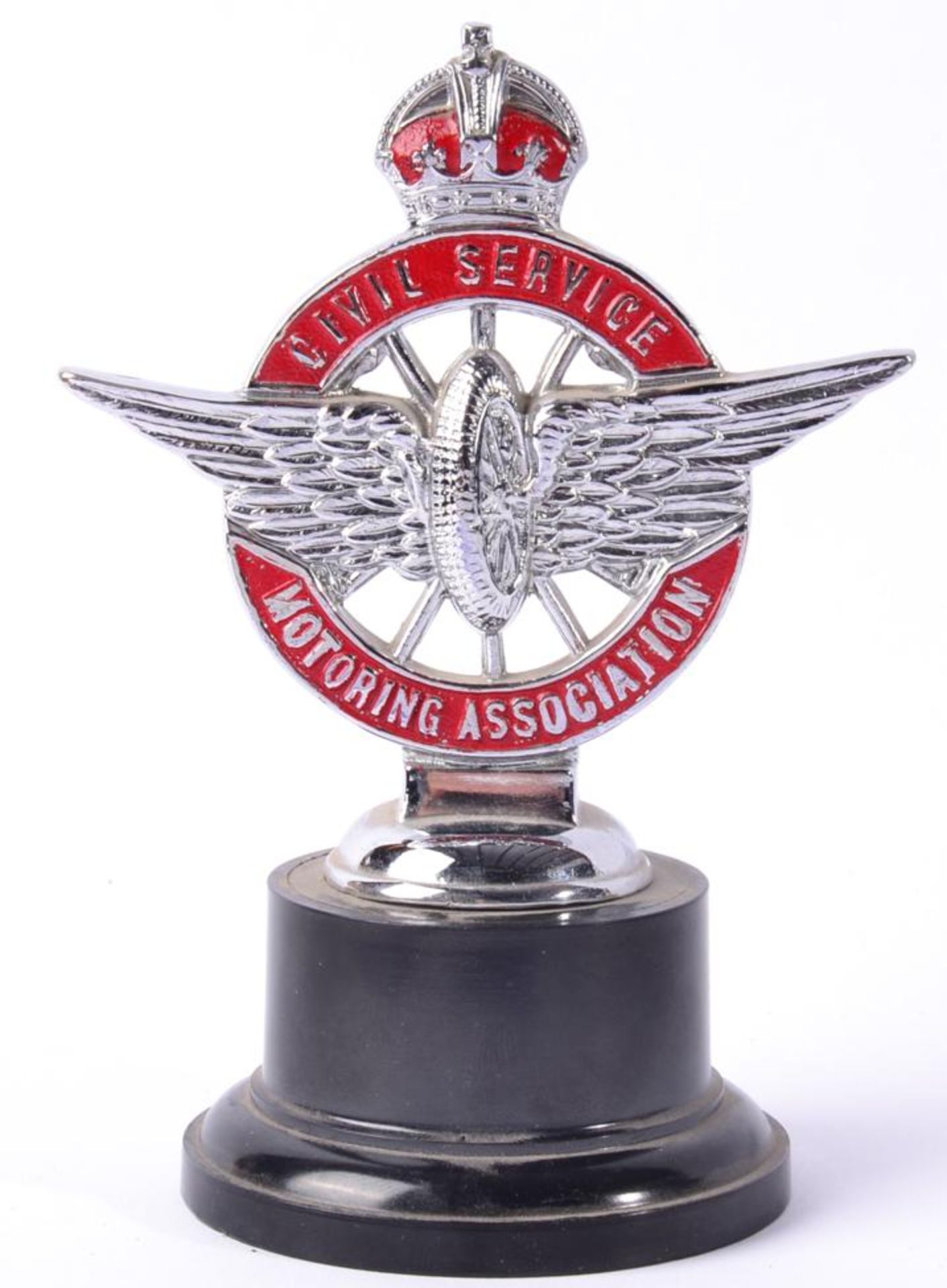 A Chrome and Enamel Civil Service Motoring Association Badge, mounted on a later black plastic base,