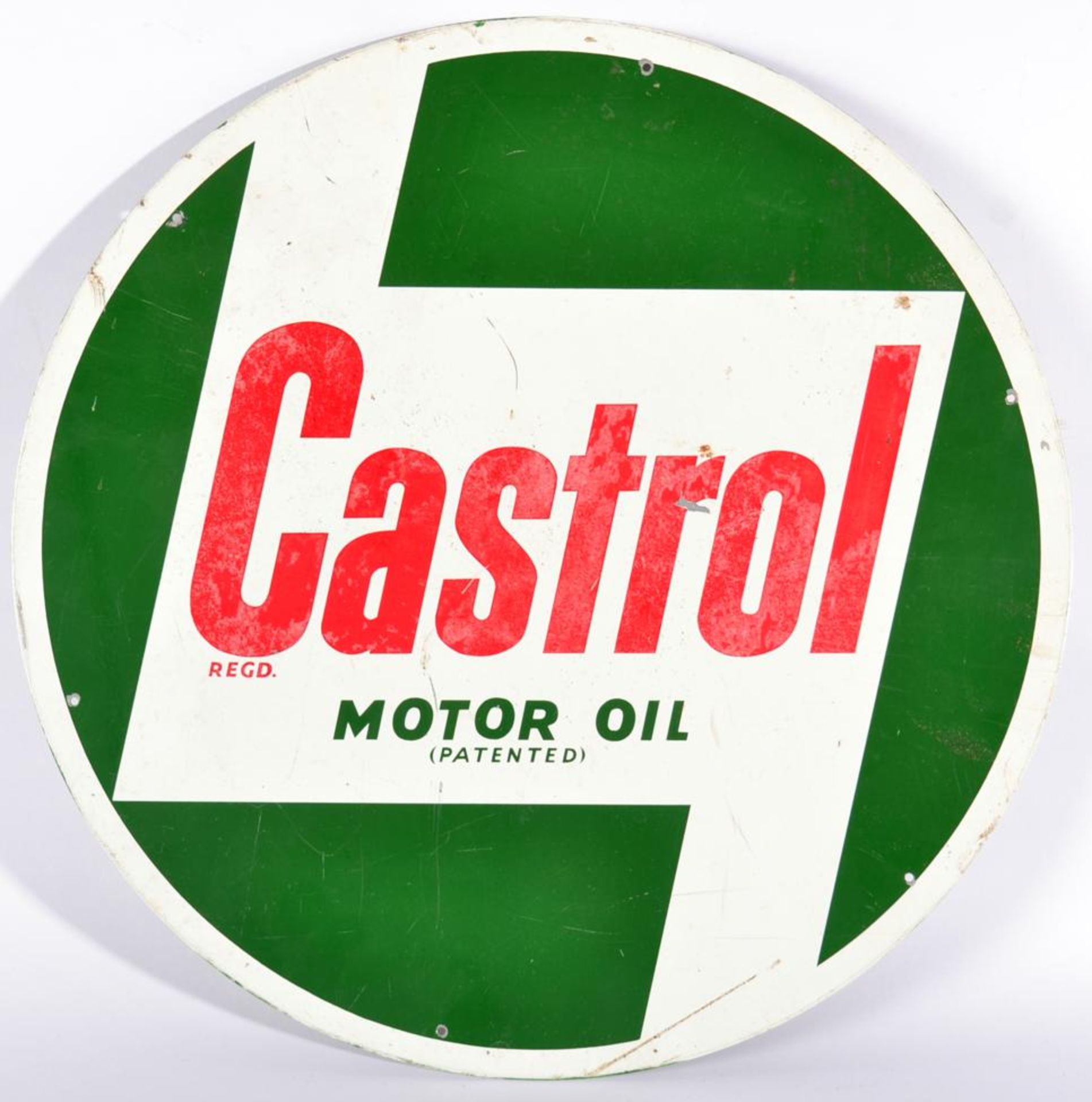 A Castrol Single-Sided Circular Metal Advertising Sign: CASTROL MOTOR OIL (Patented), with six drill