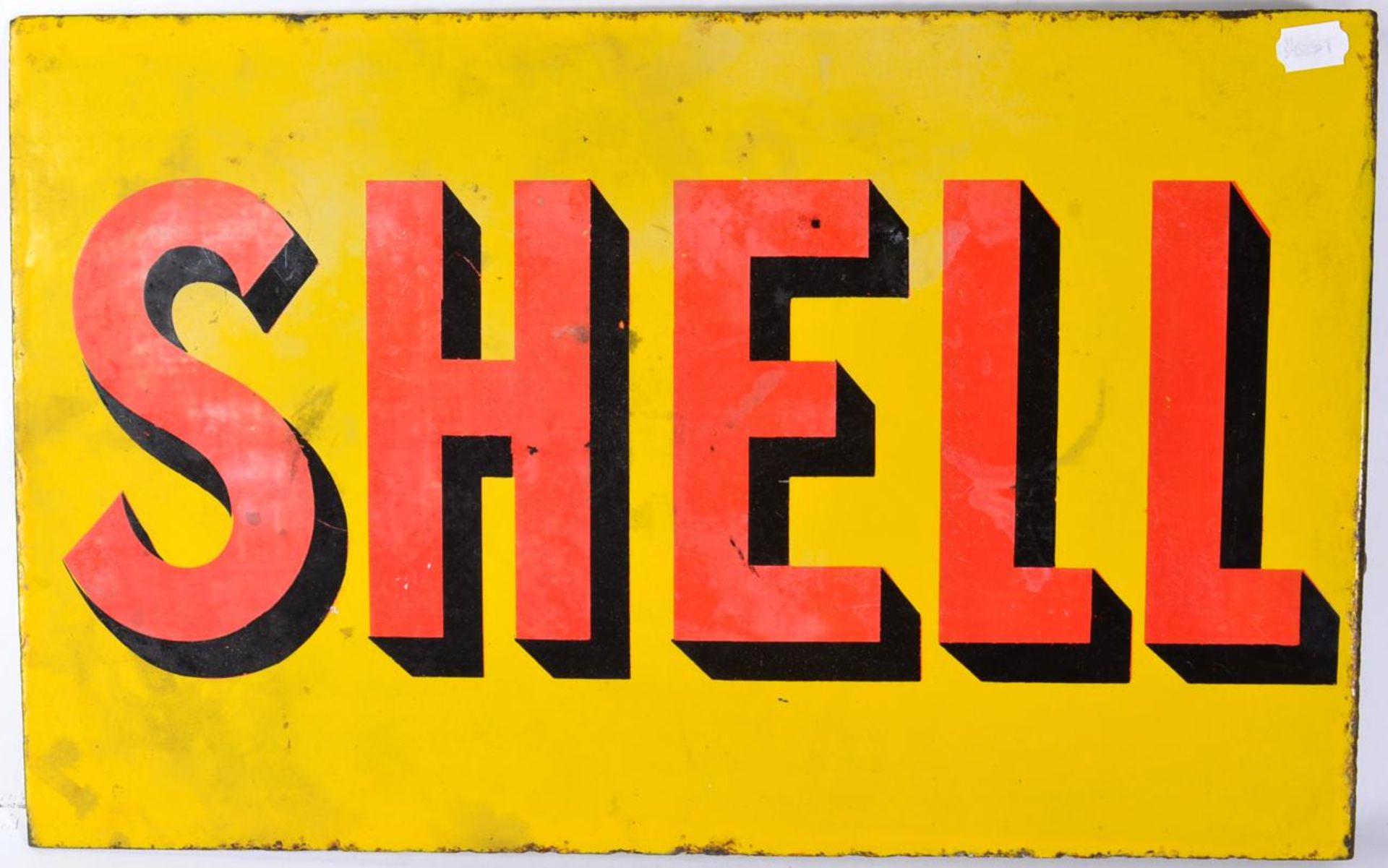 A SHELL Double-Sided Advertising Sign, with mounting flange and four drill holes, red and black
