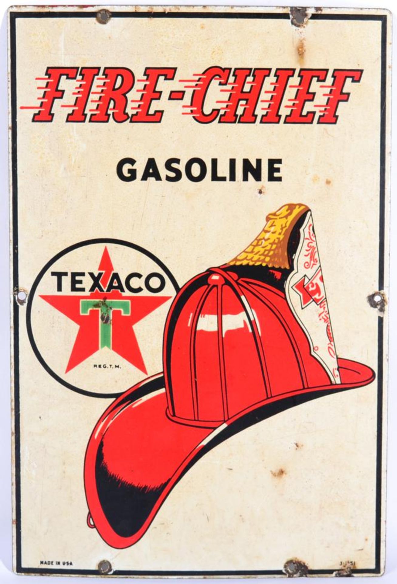 An American Single-Sided Enamel Advertising Sign: FIRE-CHIEF GASOLINE TEXACO REG.T.M., the corners