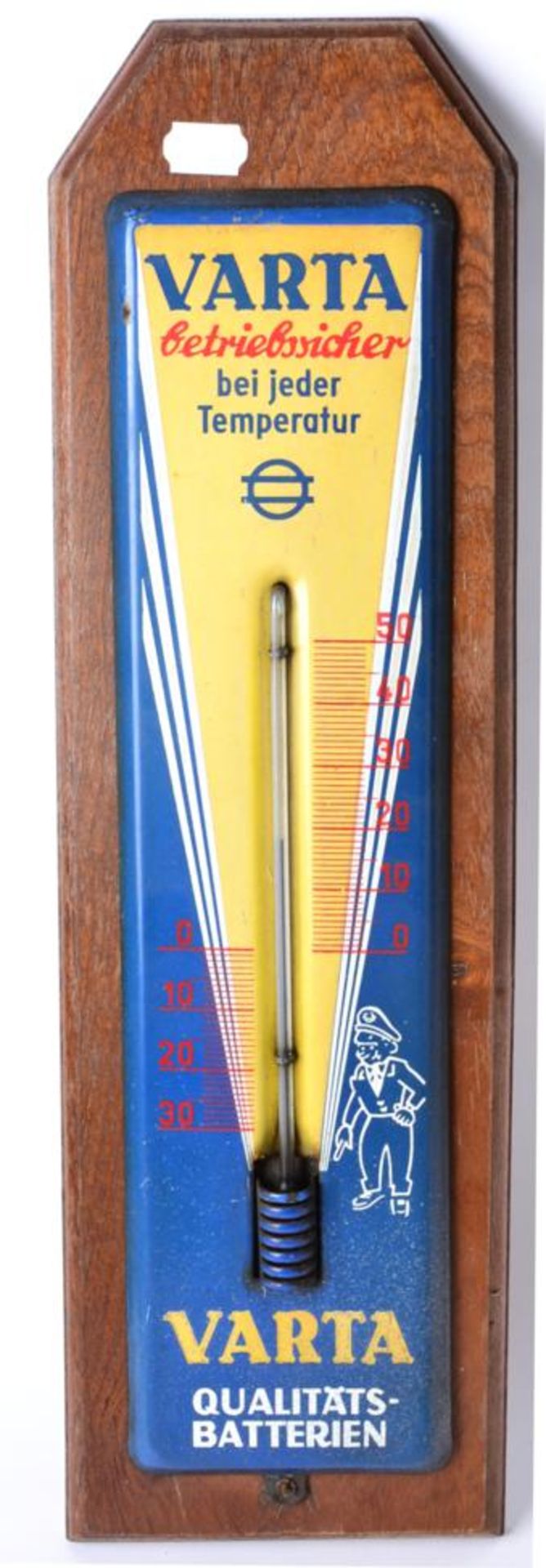 A Vintage German VARTA Advertising Sign/Thermometer, mounted on a brown oak plaque, 61cm by 18cm