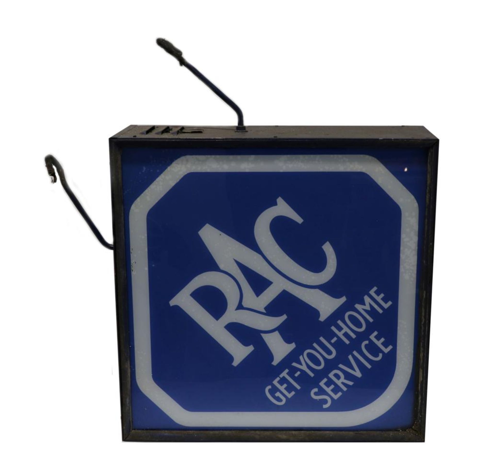 An RAC Glazed Double-Sided Suspended Advertising Sign, RAC GET-YOU-HOME SERVICE, in a blue painted