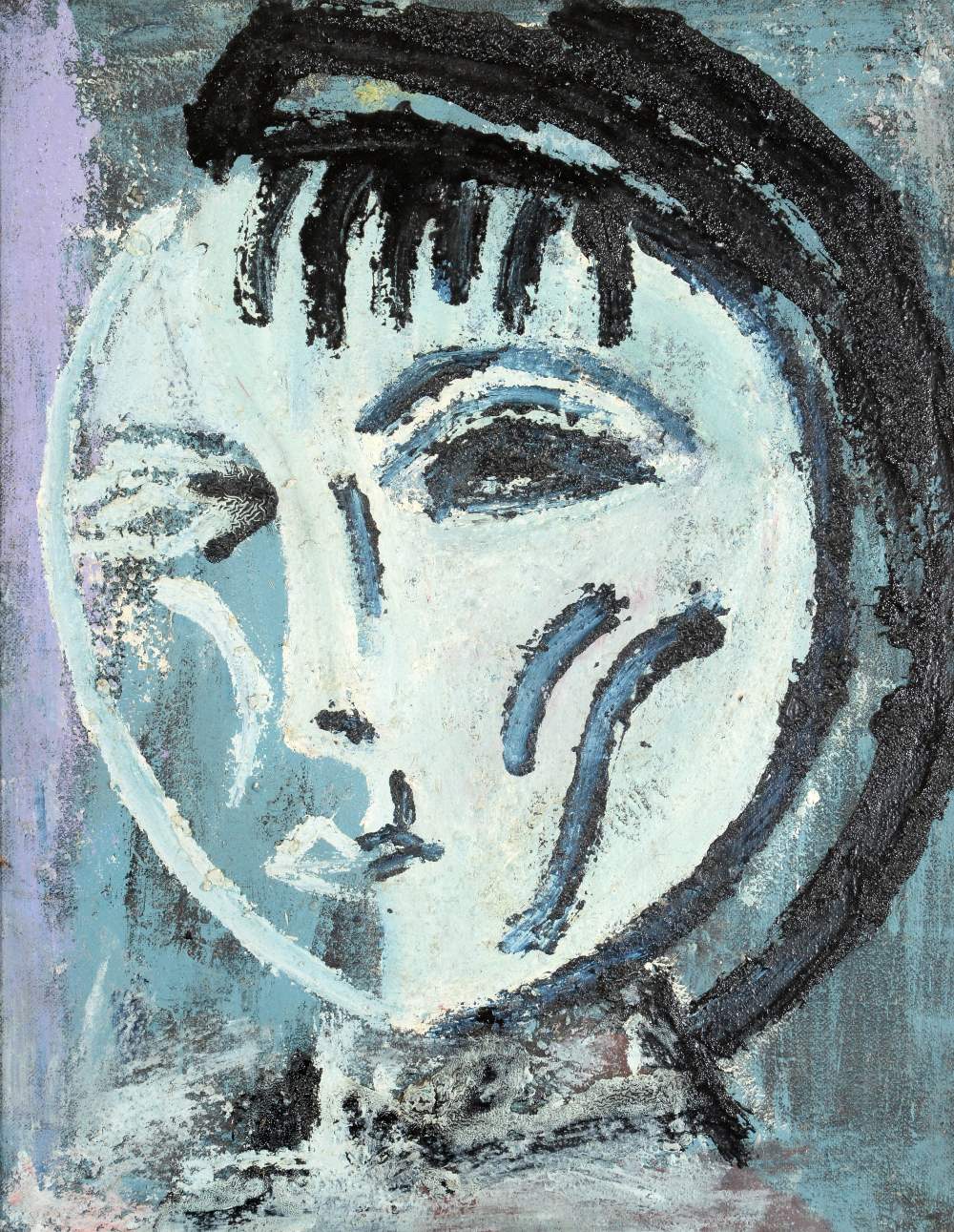 Joash Woodrow (1927-2006) ''Young Woman in Blue and White'' Oil on hessian, circa 1965, 90.5cm by