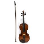 Violin 13 7/8'' one piece back, ebony fingerboard and tailpiece, no label, with bow stamped 'Otto