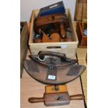 Various Woodworking Tools including circular shaves, wooden screw boxes and others