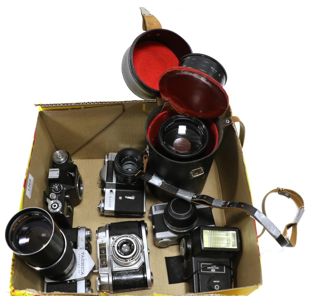 Various Cameras including Yashica Reflex 35 with Chinon f3.5 200mm lens, Zenit E Moscow Olympics and