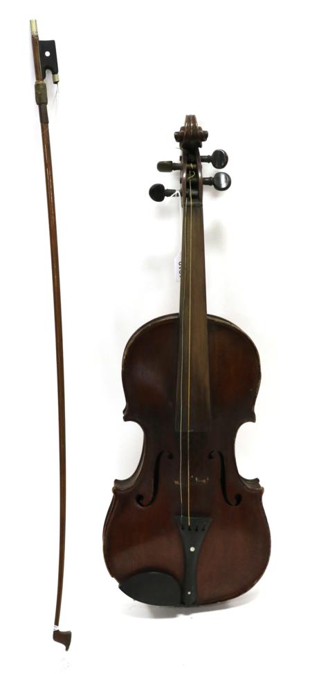 Violin 14 1/4'' one piece back, stamp on back below button 'AS', with bow stamped 'Homa DRGM