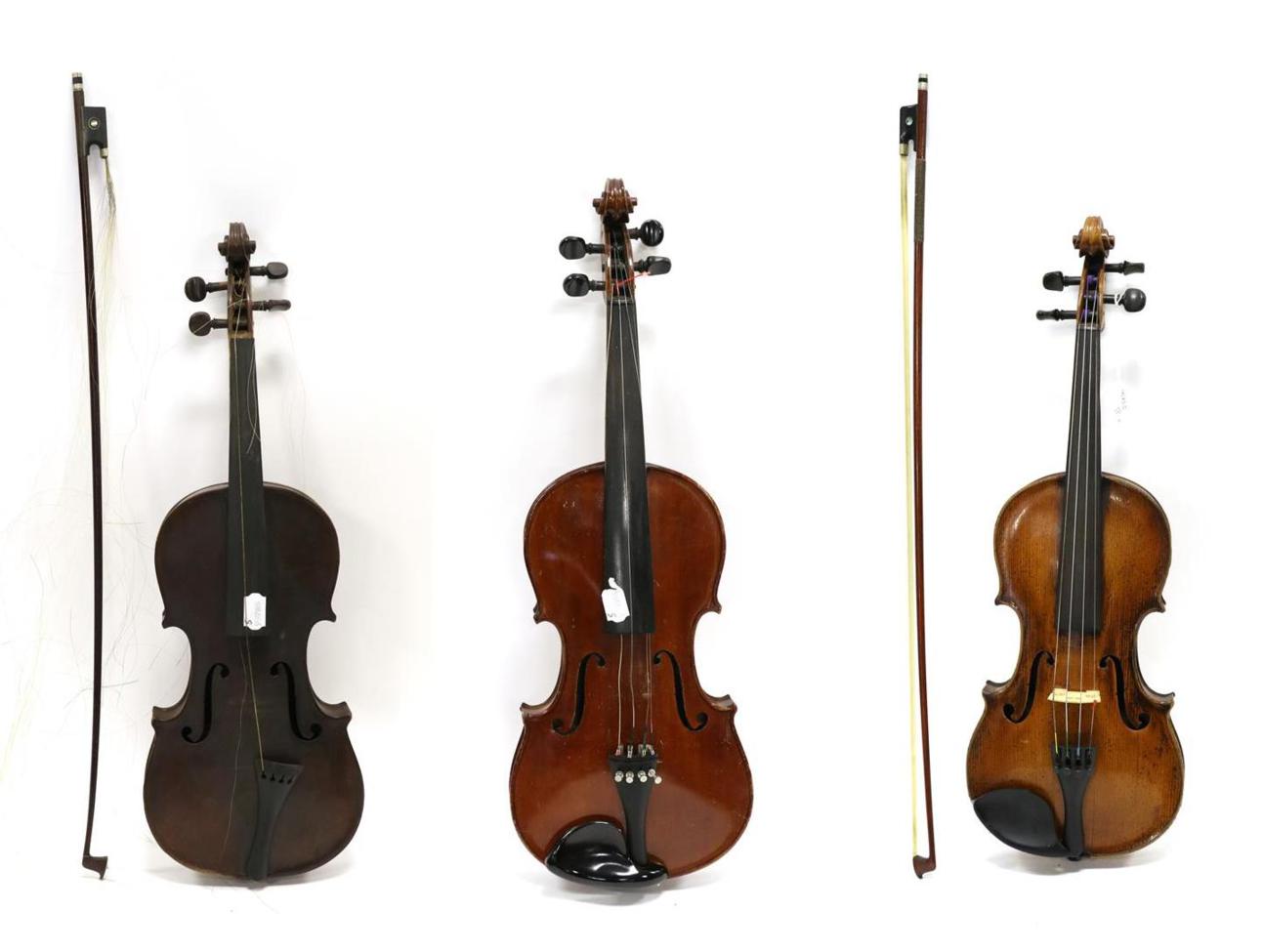 Violin 14 1/8'' two piece back, ebony fingerboard, no label, back stamped 'Du*e' (cased with bow);