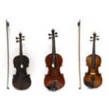 Violin 14 1/8'' two piece back, ebony fingerboard, no label, back stamped 'Du*e' (cased with bow);