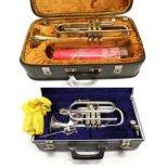 Cornet Amati Kraslice ACR201 silver plated, no.811157, cased with two mouthpieces; together with a