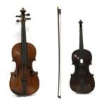 Violin 13 3/4'' one piece back, ebony fingerboard, no pegs or fitting, repaired cracks to belly (